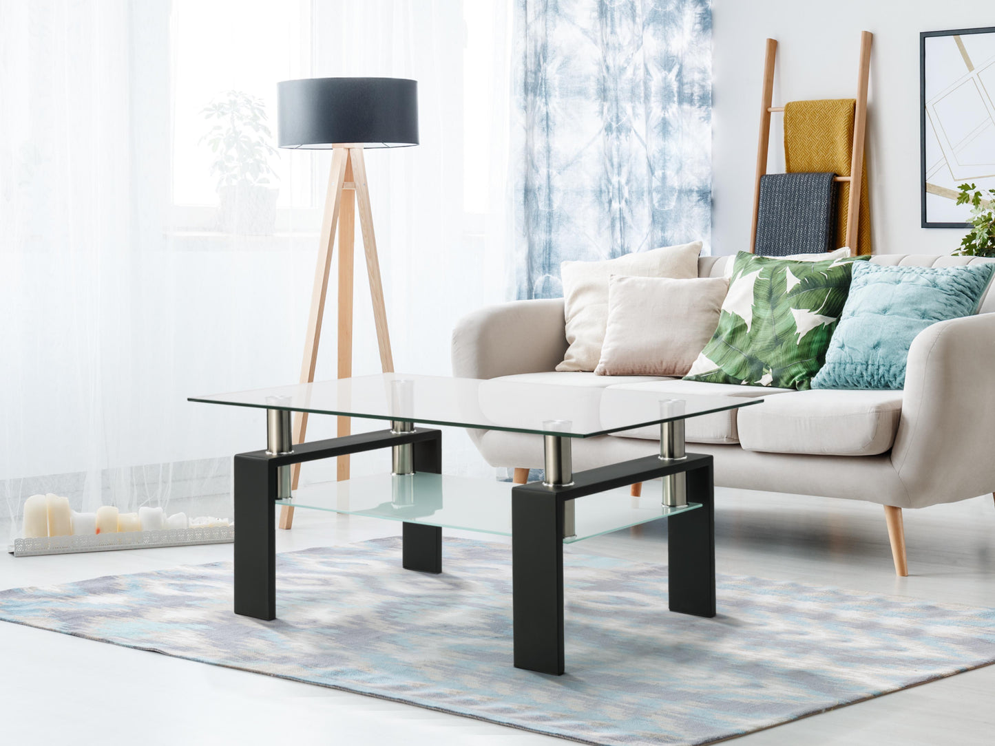 Rectangle Black Glass Coffee Table Clear Coffee Table Modern Side Center Tables for Living Room Living Room Furniture - FurniFindUSA