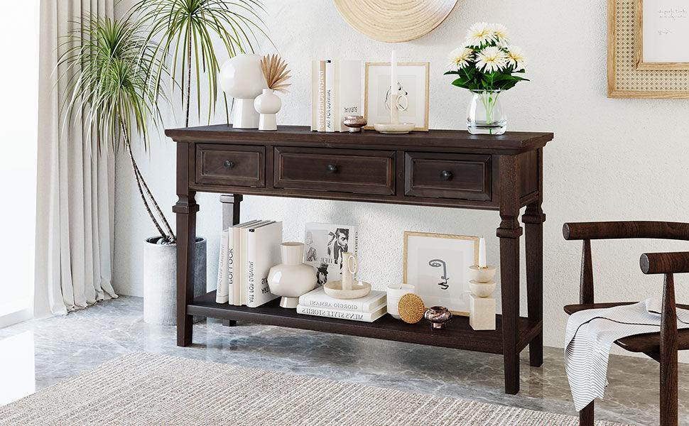 TREXM Classic Retro Style Console Table with Three Top Drawers and Open Style Bottom Shelf (Espresso) - FurniFindUSA