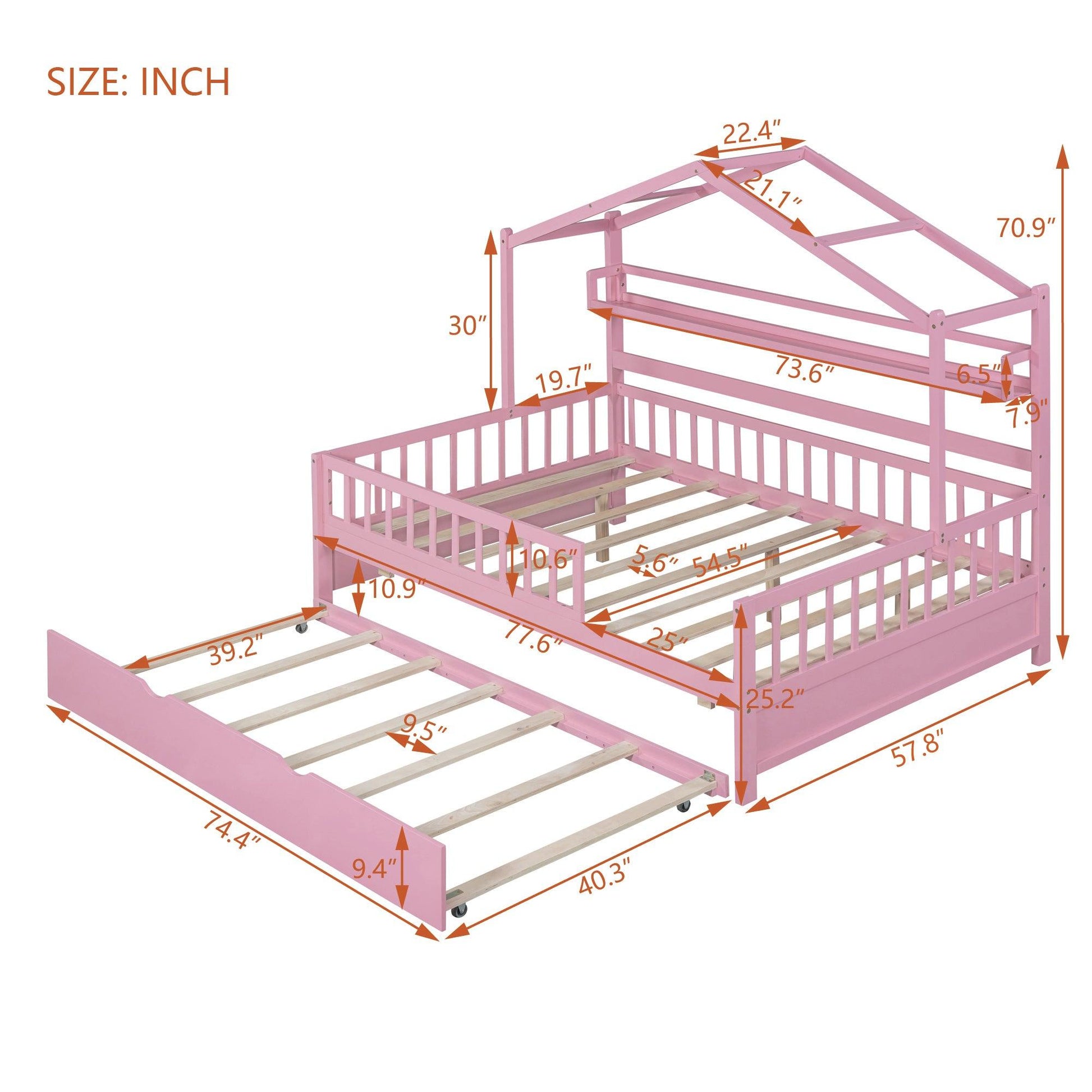 Wooden Full Size House Bed with Twin Size Trundle Kids Bed with Shelf Pink - FurniFindUSA