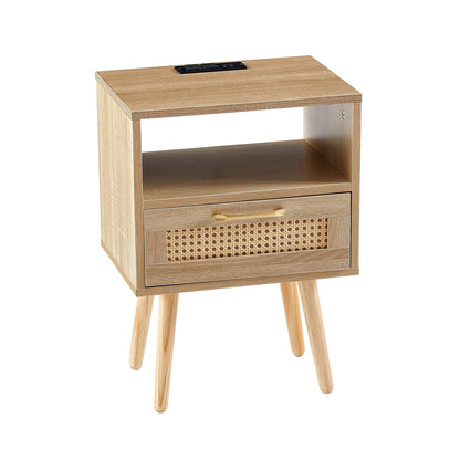 15.75" Rattan End table with Power Outlet & USB Ports Modern nightstand with drawer and solid wood legs - FurniFindUSA