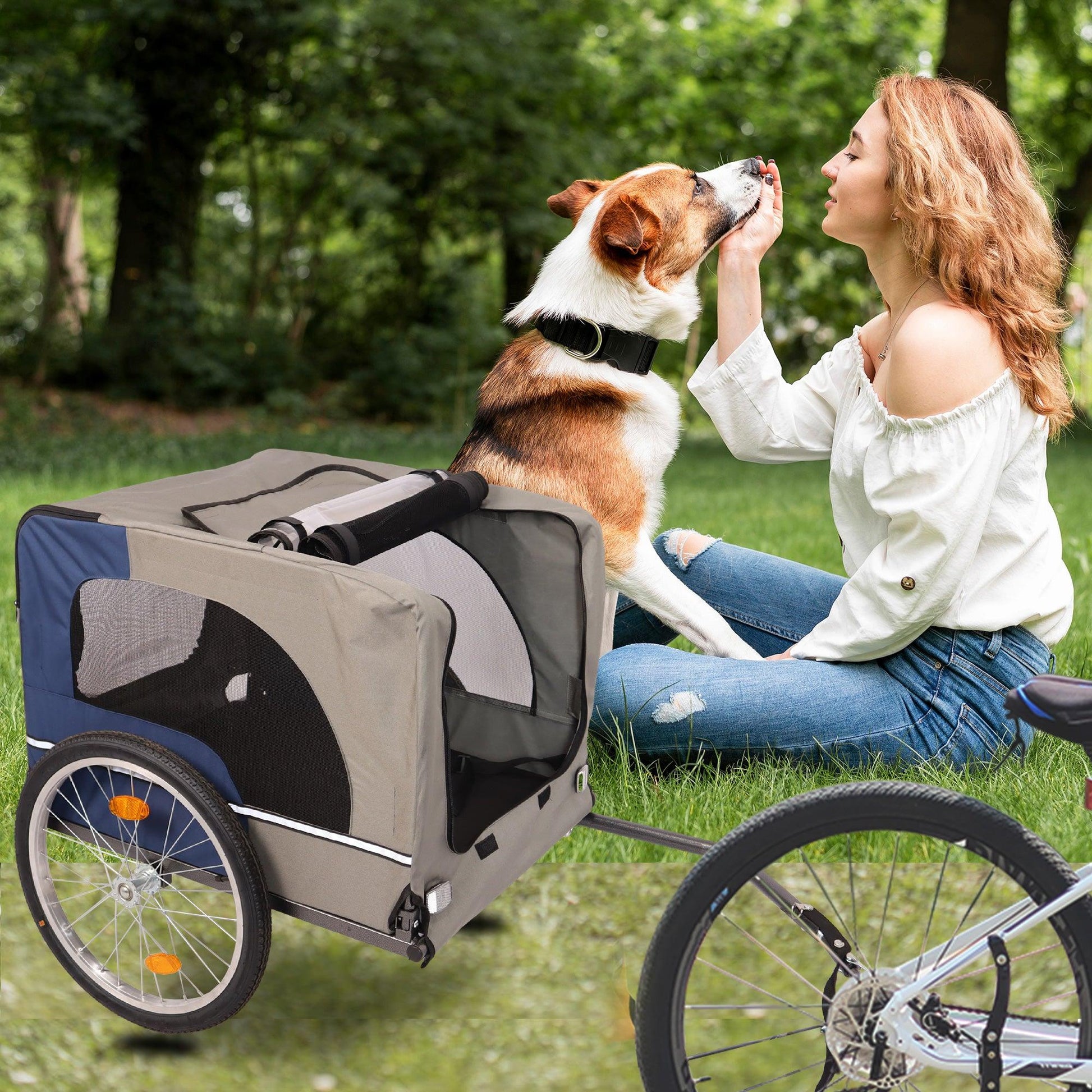 Tangkula Dog Bike Trailer Breathable Mesh Dog Cart with 3 Entrances Safety Flag 8 Reflectors - FurniFindUSA