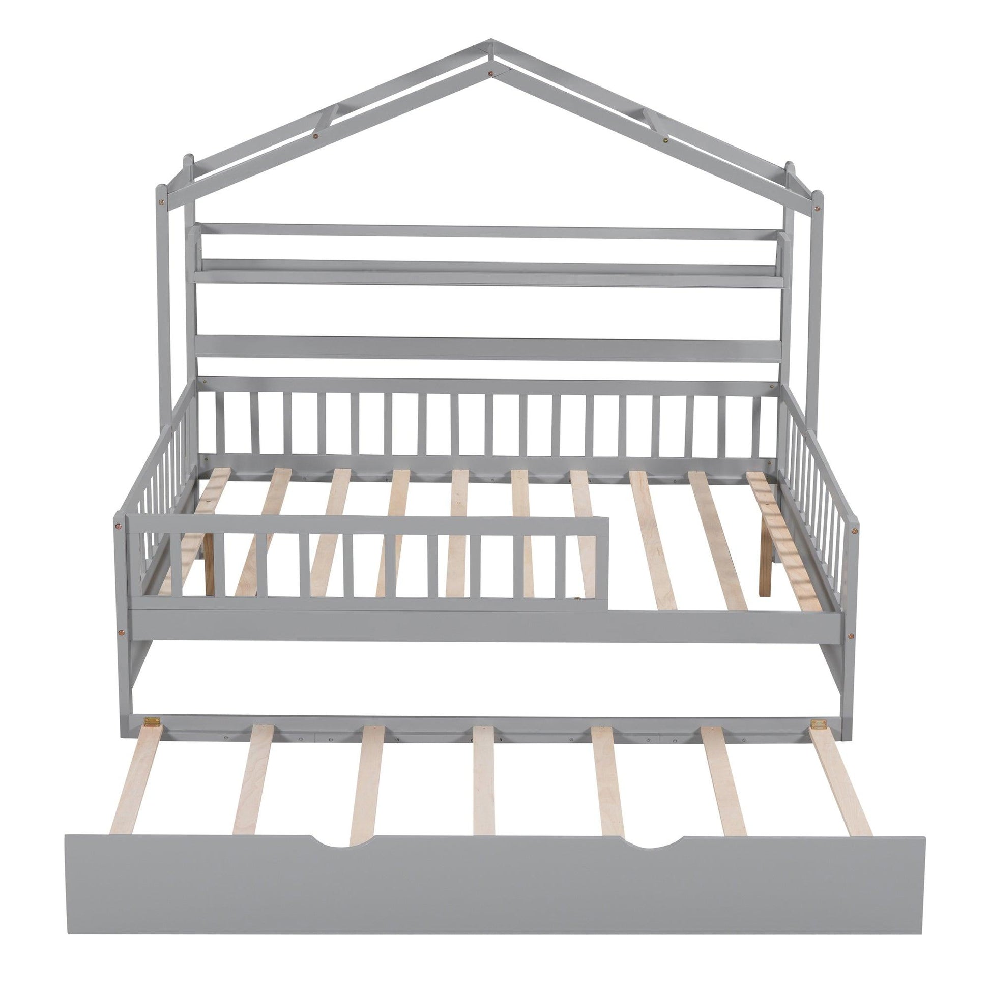 Wooden Full Size House Bed with Twin Size Trundle Kids Bed with Shelf Gray - FurniFindUSA