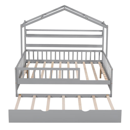 Wooden Full Size House Bed with Twin Size Trundle Kids Bed with Shelf Gray - FurniFindUSA