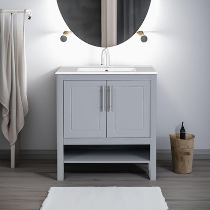 30" Bathroom Vanity with Sink, Multi-functional Bathroom Cabinet with Doors and Drawers, Solid Frame and MDF Board, Grey - FurniFindUSA