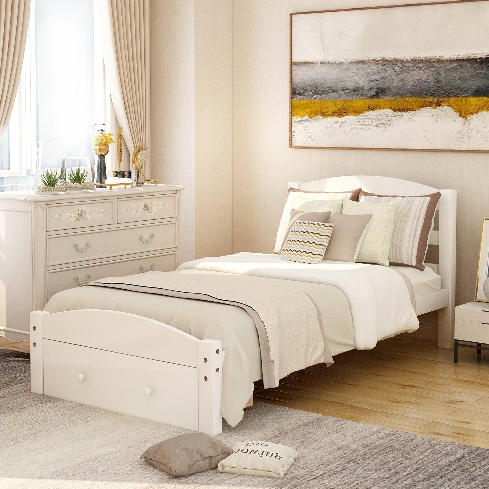 Platform Twin Bed Frame with Storage Drawer and Wood Slat Support No Box Spring Needed White - FurniFindUSA