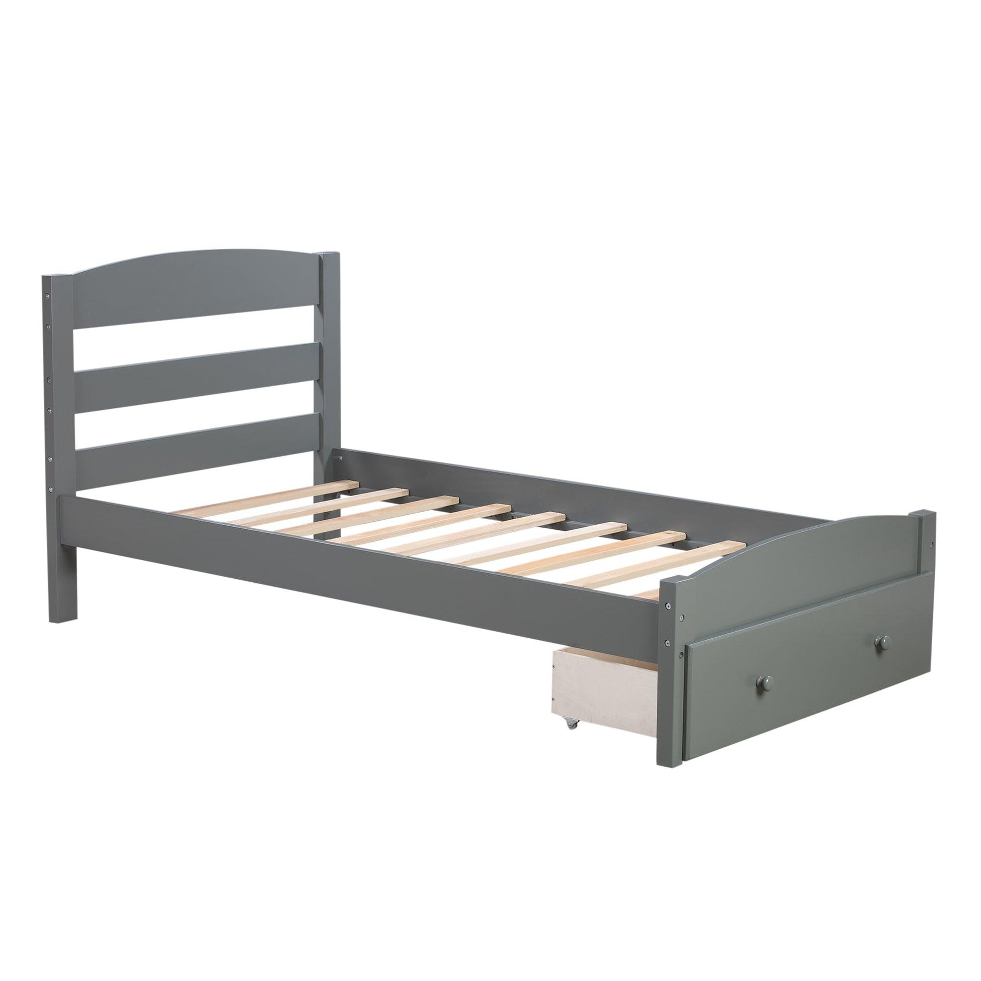 Platform Twin Bed Frame with Storage Drawer and Wood Slat Support No Box Spring Needed Gray - FurniFindUSA