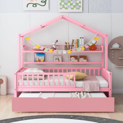 Wooden Twin Size House Bed with Trundle Kids Bed with Shelf Pink - FurniFindUSA