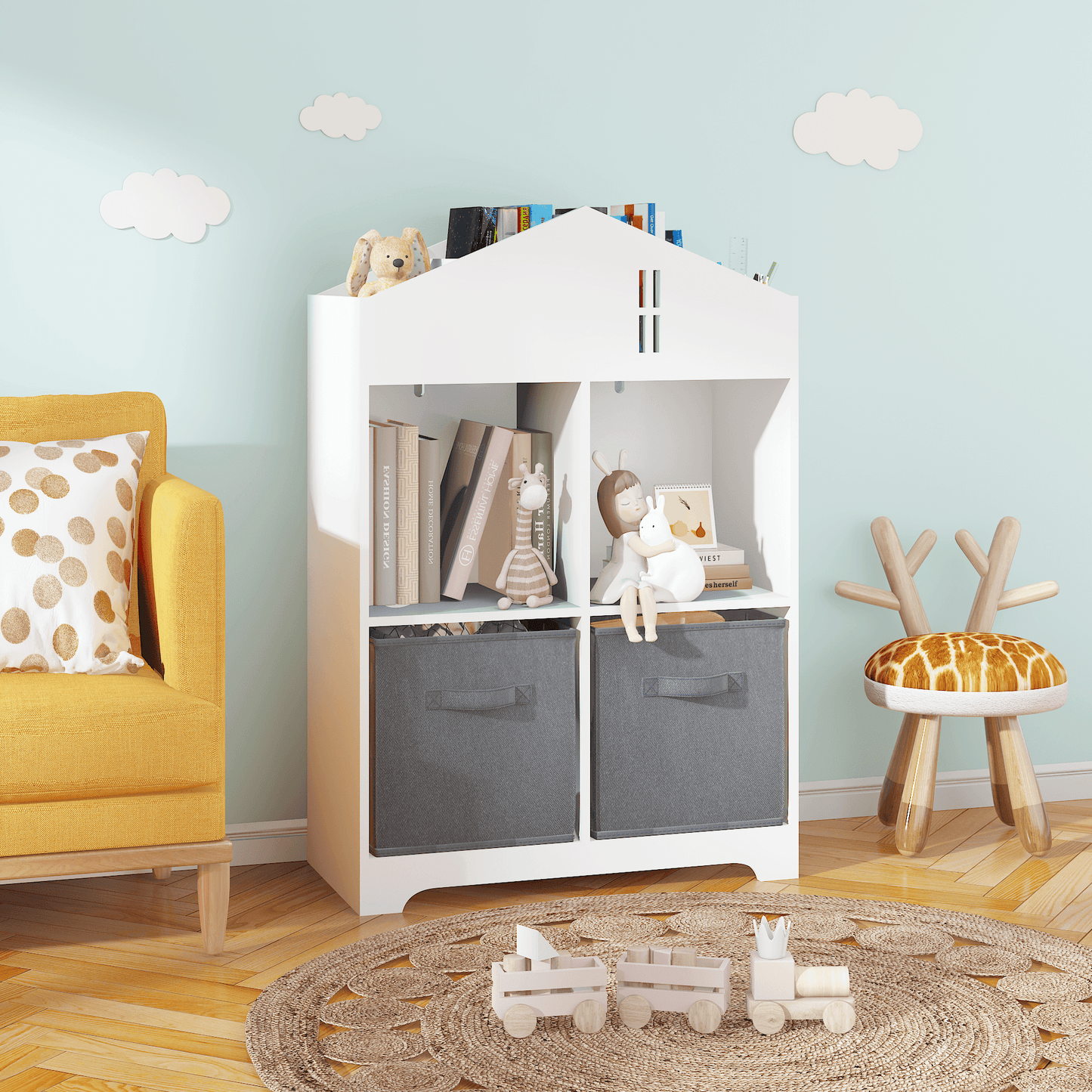 Kids Dollhouse Bookcase with Storage 2-Tier Storage Display Organizer (White/Gray) - FurniFindUSA