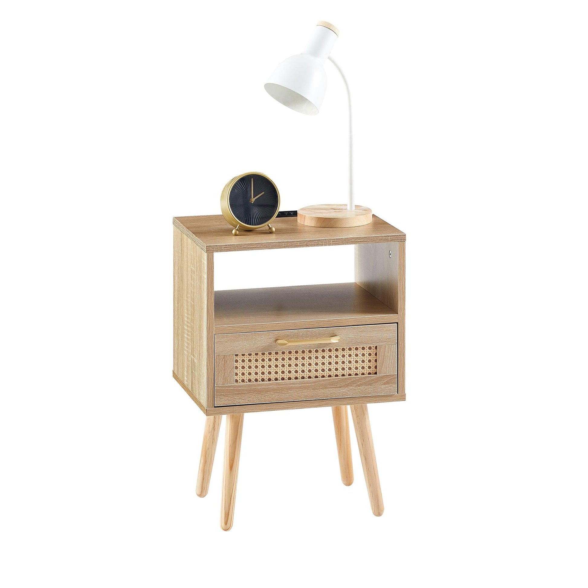 15.75" Rattan End table with Power Outlet & USB Ports Modern nightstand with drawer and solid wood legs - FurniFindUSA