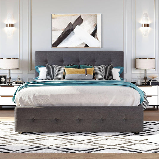 Upholstered Platform Bed with 2 Drawers and 1 Twin XL Trundle Linen Fabric Queen Size - Dark Gray - FurniFindUSA
