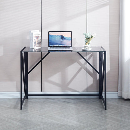 Tempered Black Glass Computer Desk Laptop Desk PC Laptop Table with Metal Frame Writting Desk - FurniFindUSA