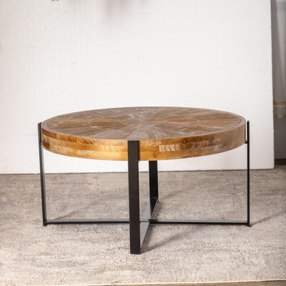 33.46"Retro drawing technology Splicing Round Coffee Table Fir Wood Table Top with Black Cross Legs Base - FurniFindUSA