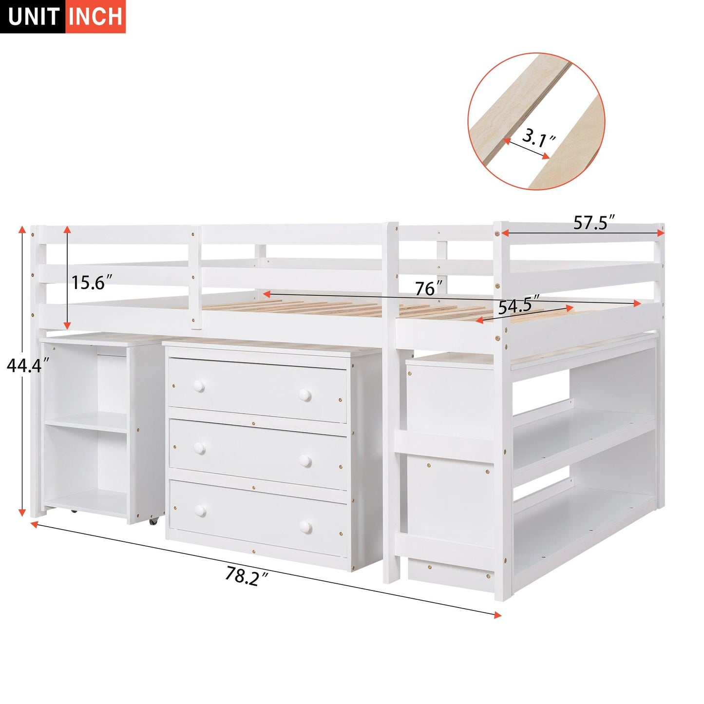 Low Study Full Loft Bed with Cabinet Shelves and Rolling Portable Desk Multiple Functions Bed- White - FurniFindUSA