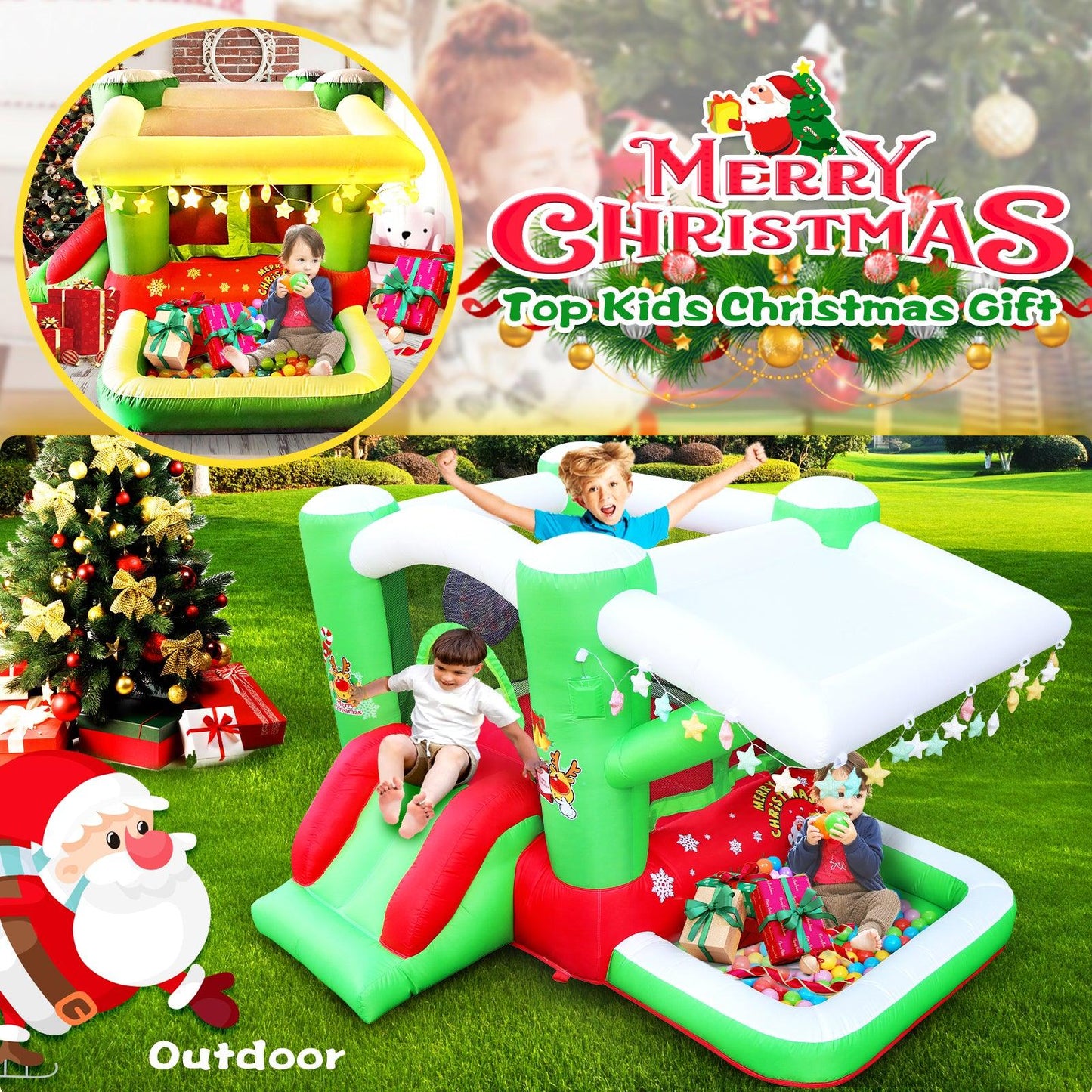 Christmas Jump 'n Slide Inflatable Bouncer for Kids Complete Setup with Blower - 80" x 91" Play Area - 55" Tall - FurniFindUSA