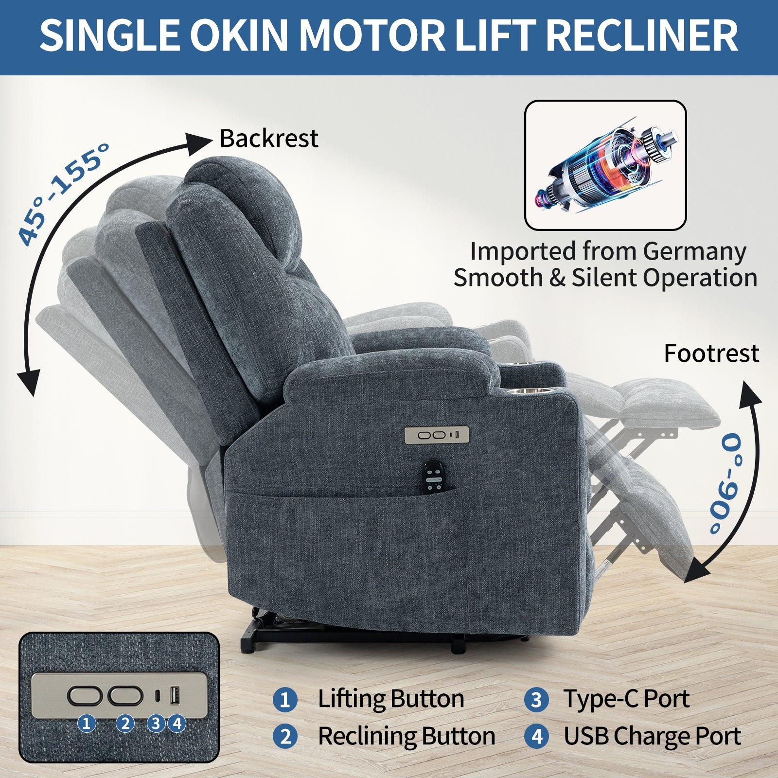 Okin motor Up to 350 LBS Chenille Power Lift Recliner Chair Blue - FurniFindUSA