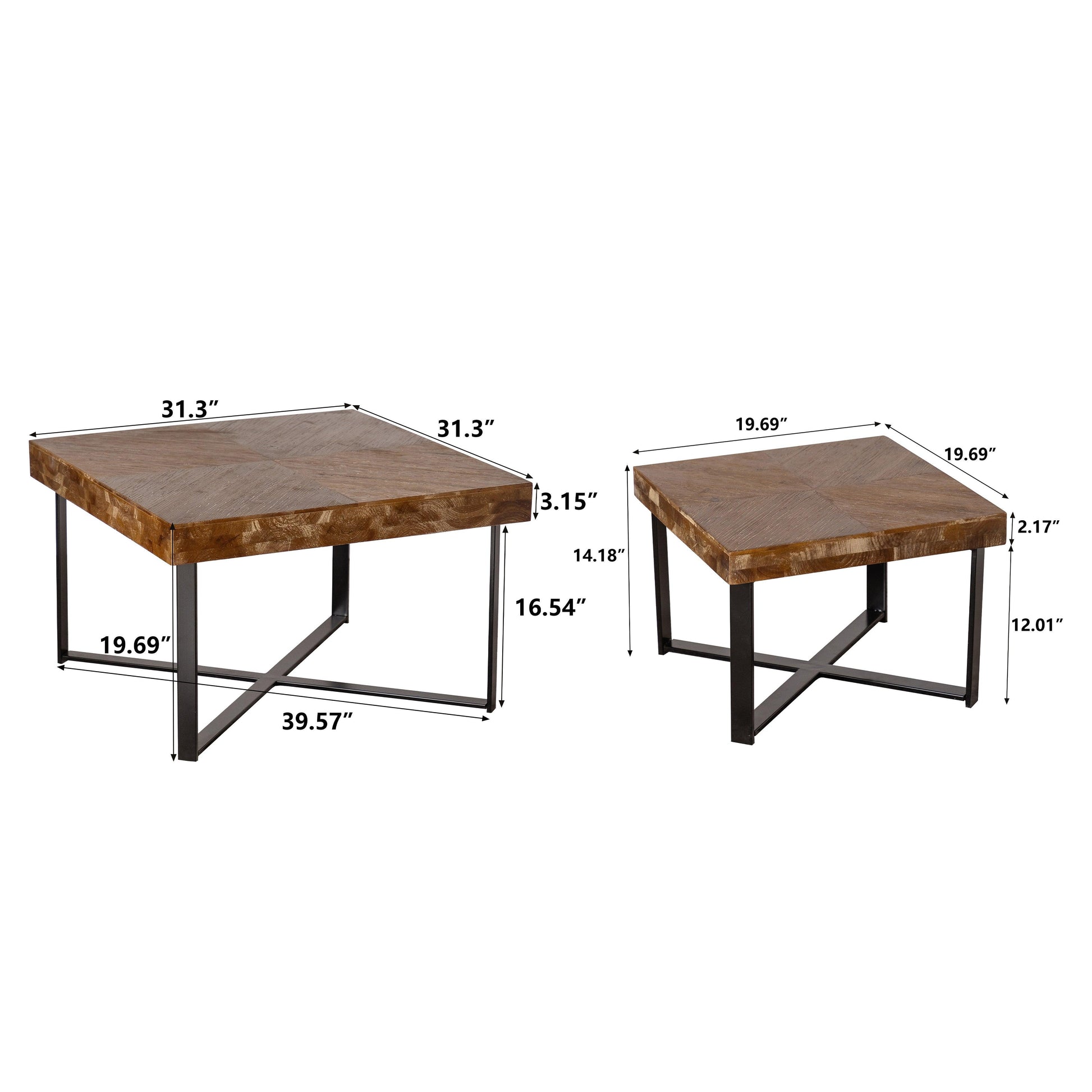 31.3"Modern Retro Splicing Square Coffee Table Fir Wood Table Top with Cross Legs Metal Base (Set of 2 pcs ) - FurniFindUSA