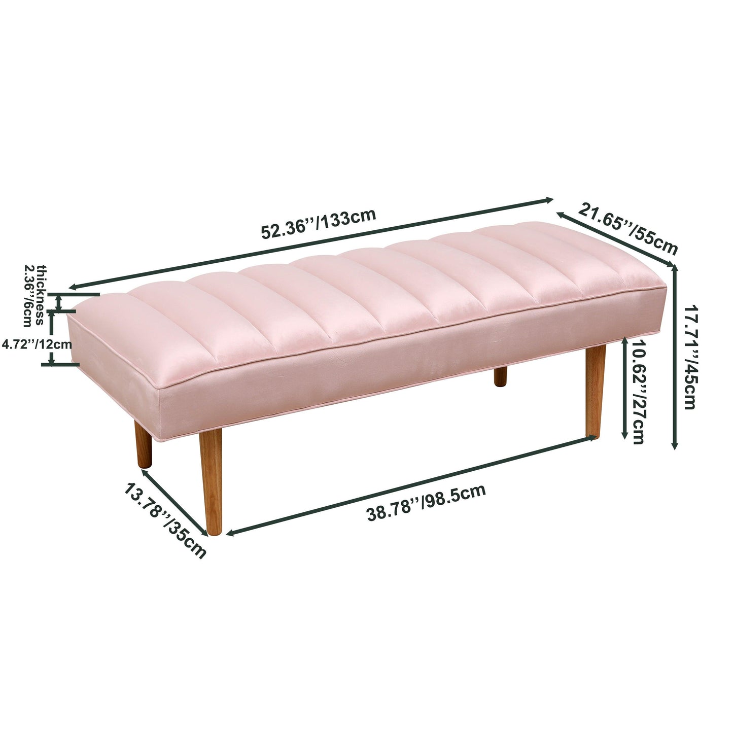 Pink Velvet Upholstered Bench Channel Tufted Bedroom Ottoman with Wood Legs Home Furniture (Pink) - FurniFindUSA