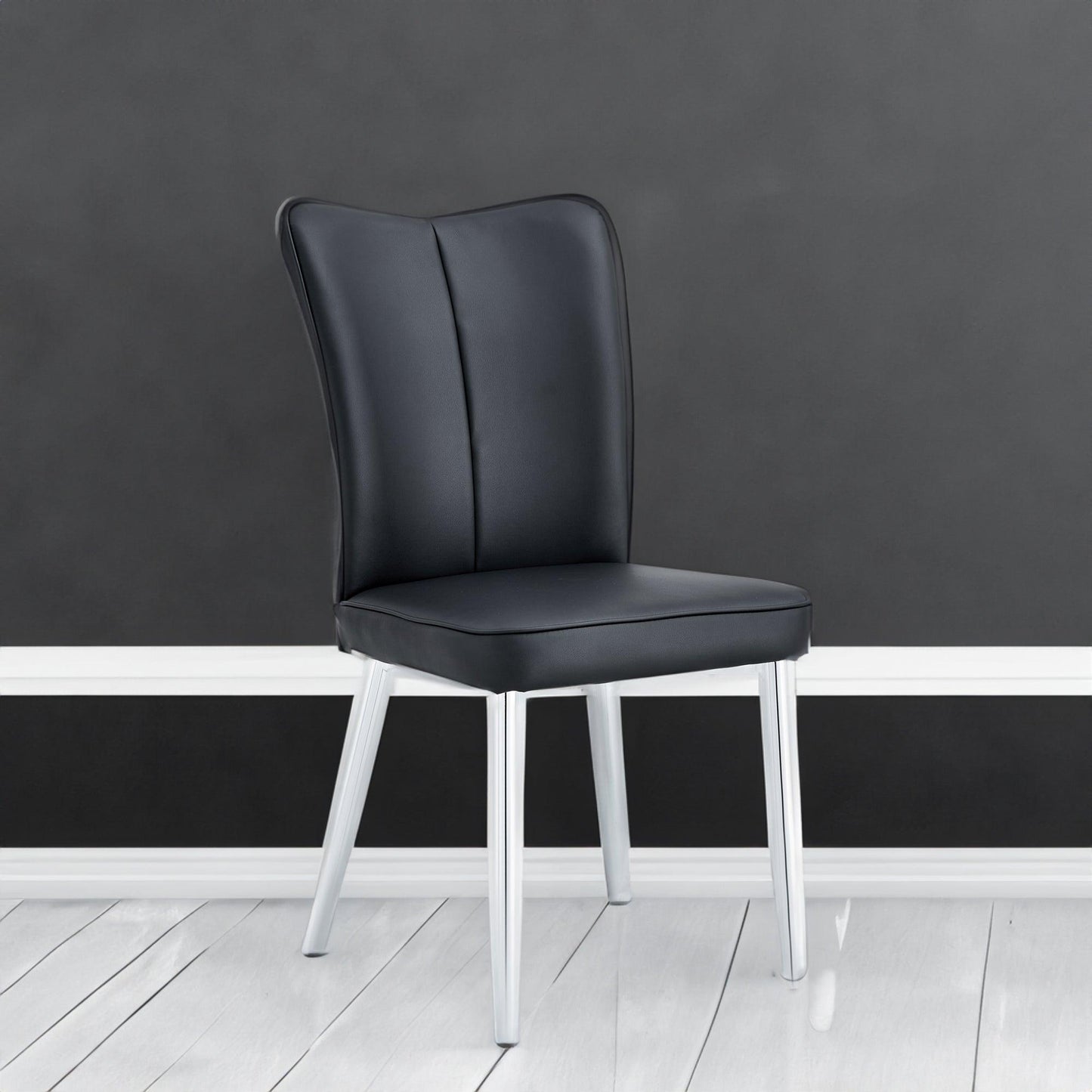 Modern minimalist dining chairs black PU leather curved backrest and cushion black metal semi matte chair legs - FurniFindUSA