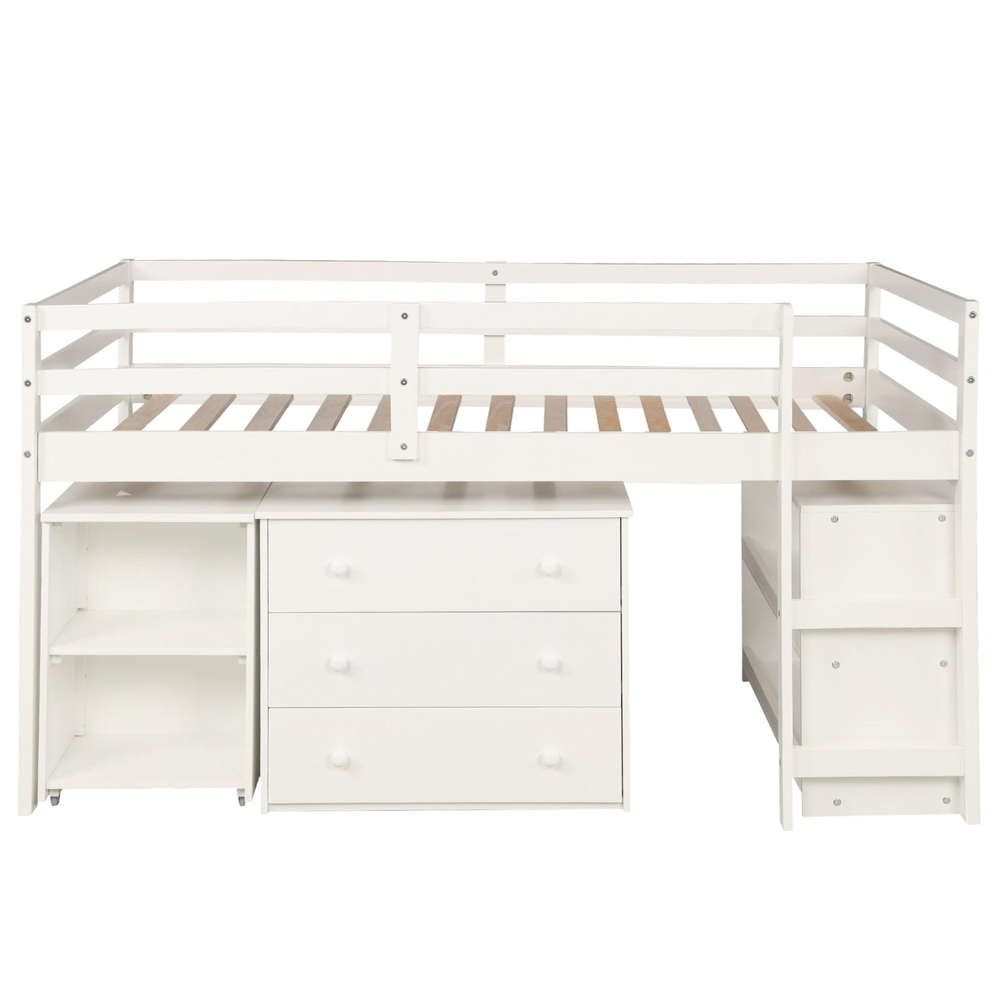 Low Study Twin Loft Bed with Cabinet and Rolling Portable Desk - White - FurniFindUSA