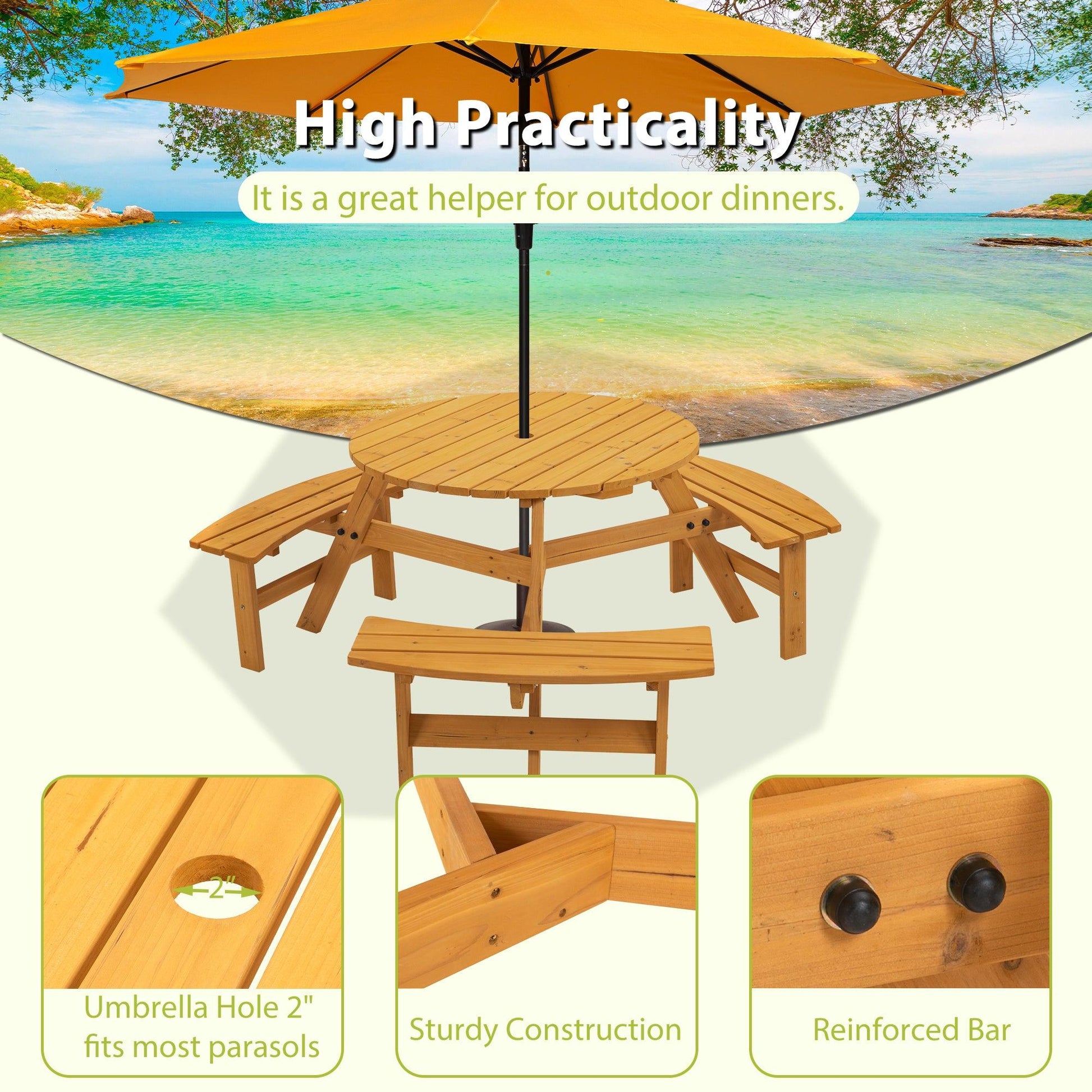 6-Person Circular Outdoor Wooden Picnic Table for Patio, Backyard, Garden, DIY w/ 3 Built-in Benches, 1720lb Capacity - Natural - FurniFindUSA