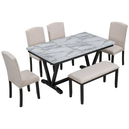 TREXM Modern Style 6-piece Dining Table with 4 Chairs & 1 Bench (White) - FurniFindUSA