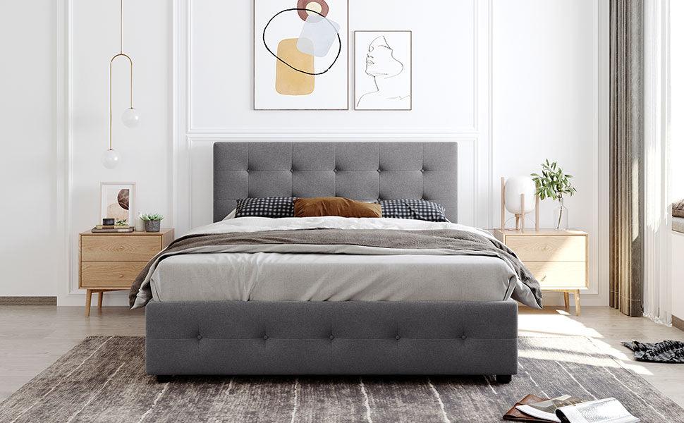 Upholstered Platform Bed with Classic Headboard and 4 Drawers No Box Spring Needed Linen Fabric Queen Size Light Gray - FurniFindUSA