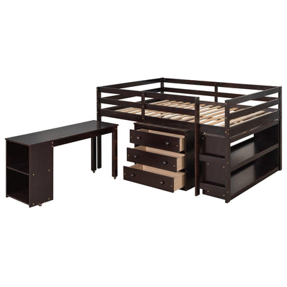 Low Study Full Loft Bed with Cabinet Shelves and Rolling Portable Desk Multiple Functions Bed- Espresso - FurniFindUSA