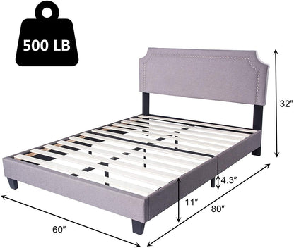 60" Platform Bed Frame Queen Upholstered Headboard Wood Slat Support Metal Frame Heavy Duty Bed Fram - FurniFindUSA