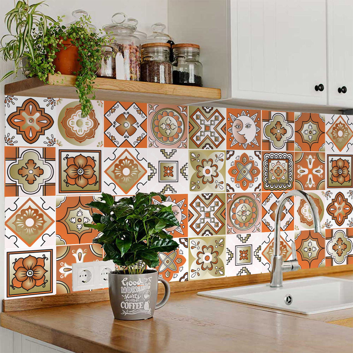 4" x 4" Retro Orange Mosaic Peel and Stick Removable Tiles