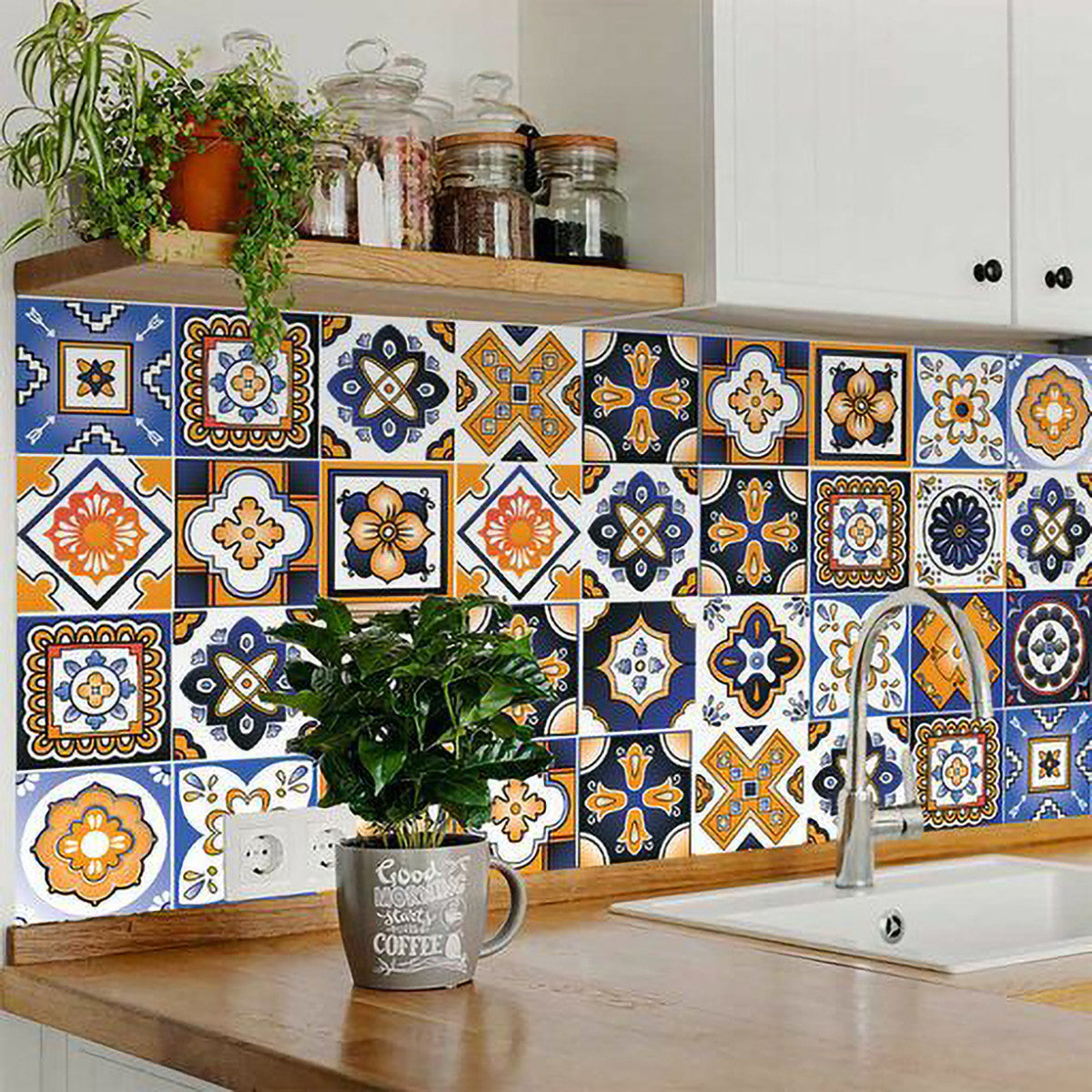 5" x 5" Shades of Blue and Yellow Mosaic Peel and Stick Removable Tiles