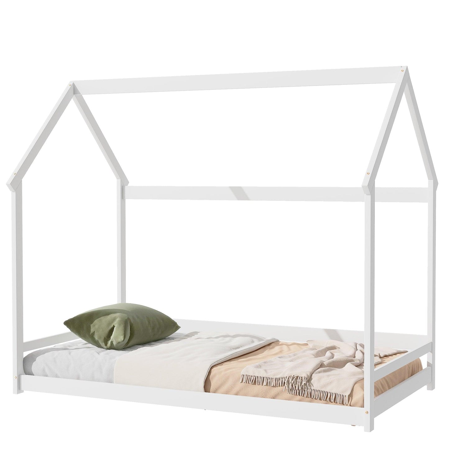 Twin House-Shaped Floor Bed with 2 Detachable Stands White - FurniFindUSA