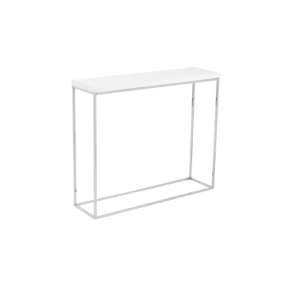 35" White and Silver Wood and Stainless Steel Frame Console Table HomeRoots