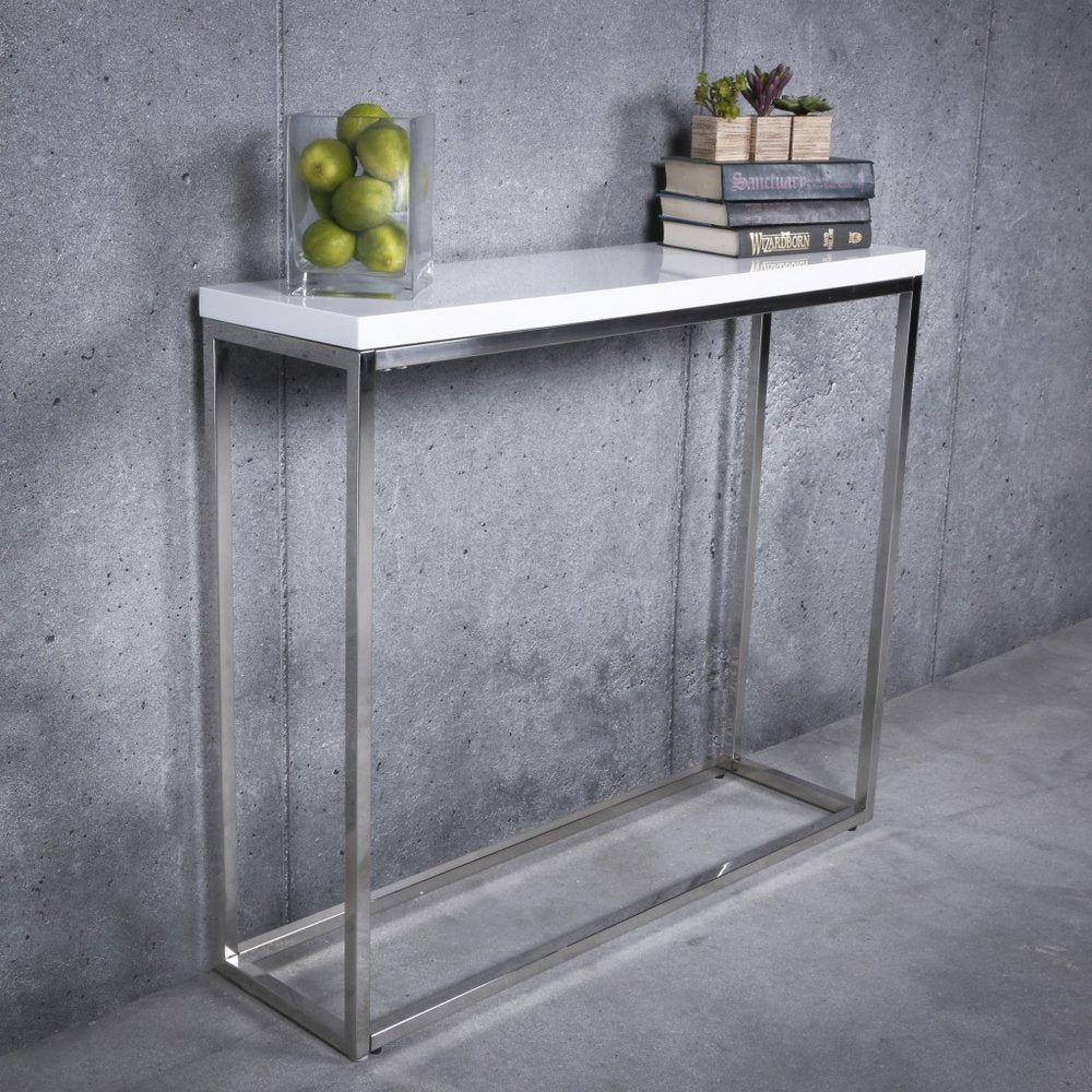 35" White and Silver Wood and Stainless Steel Frame Console Table HomeRoots
