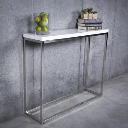 35" White and Silver Wood and Stainless Steel Frame Console Table HomeRoots