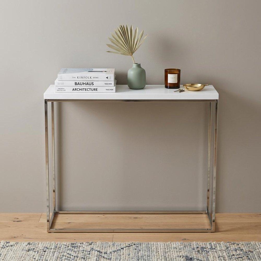 35" White and Silver Wood and Stainless Steel Frame Console Table HomeRoots