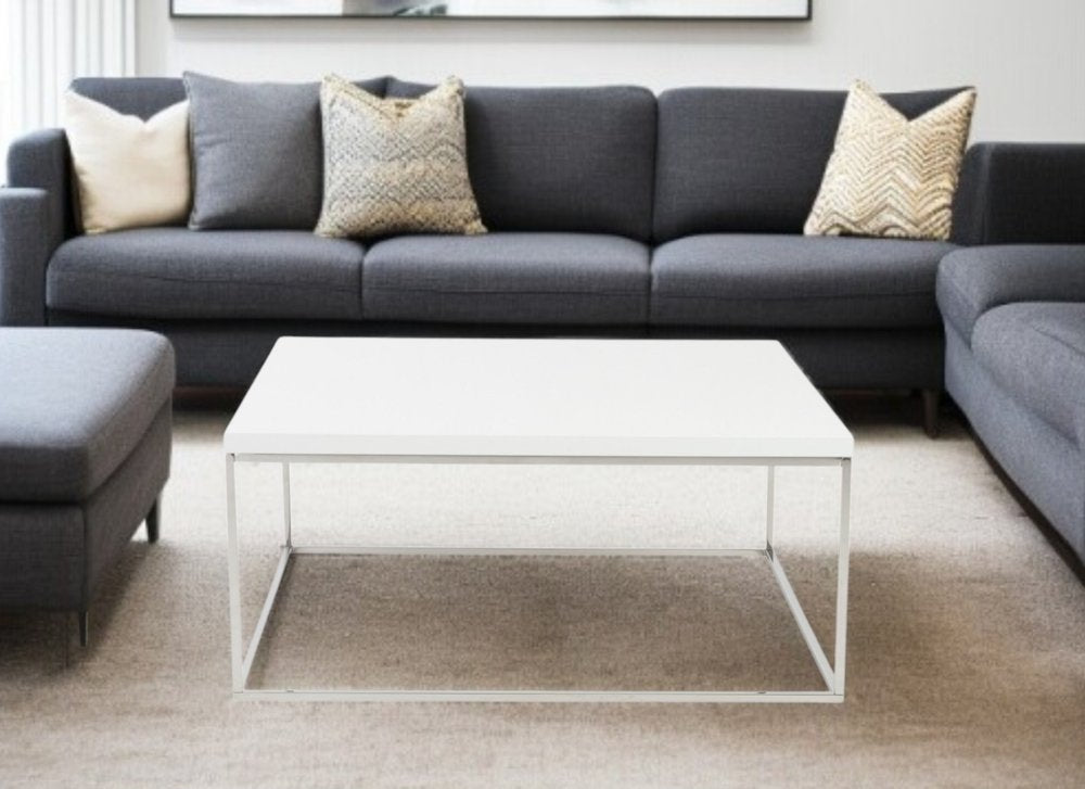 35" White and Silver Wood And Metal Square Frame Coffee Table HomeRoots