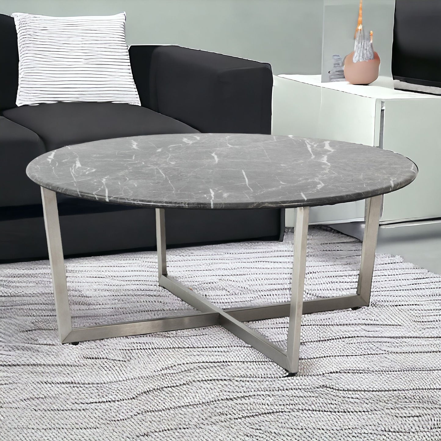 36" Black And Silver Faux Marble Round Coffee Table