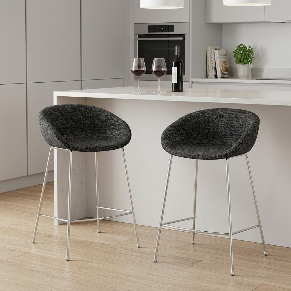 Set of Two 26" Black And Silver Fabric And Steel Low Back Counter Height Bar Chairs HomeRoots