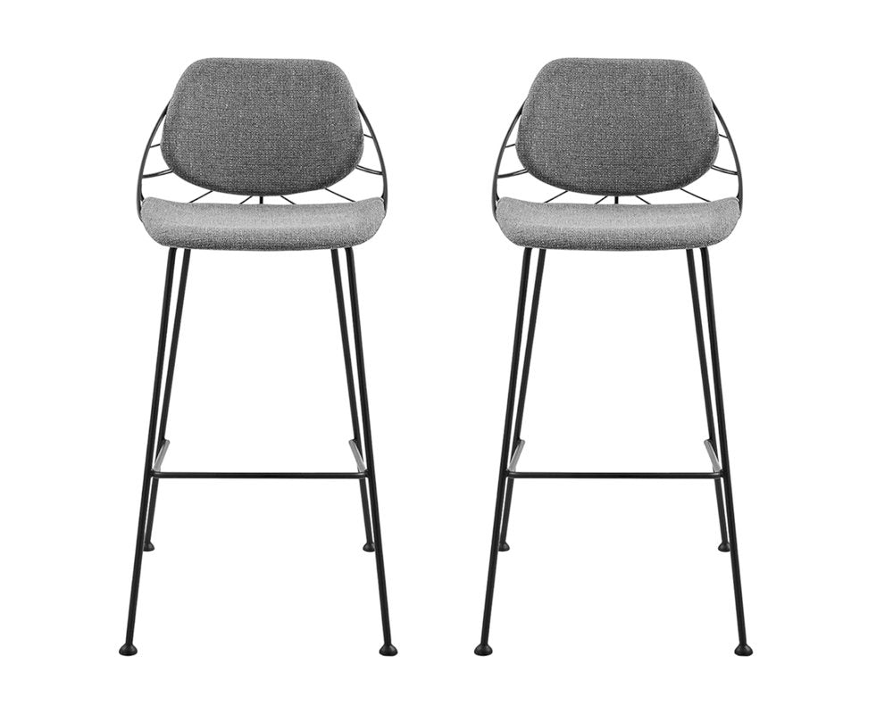 Set of Two 30" Light Gray And Black Fabric And Steel Low Back Bar Height Bar Chairs HomeRoots