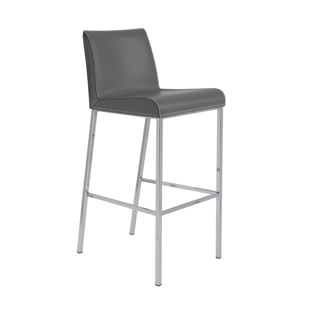 Set of Two 31" Gray And Silver Genuine Leather And Steel Low Back Bar Height Bar Chairs HomeRoots