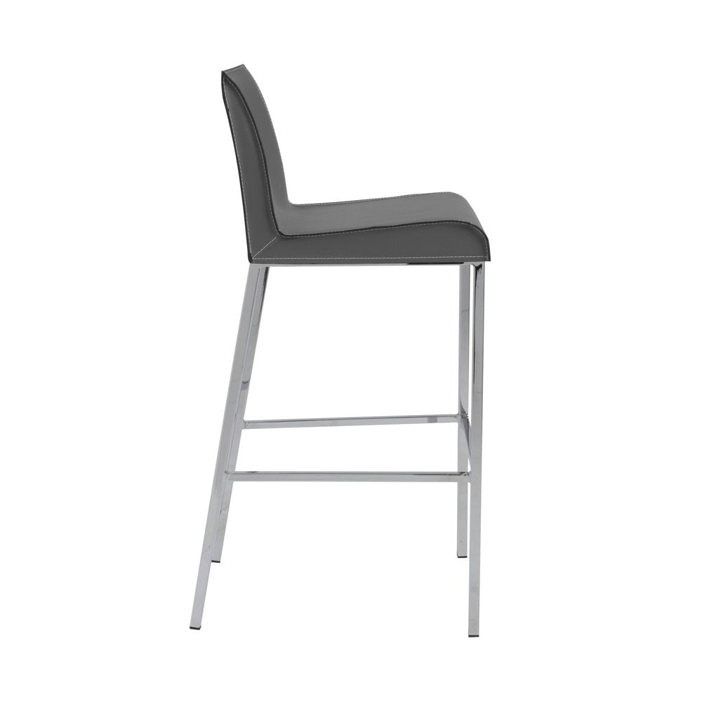 Set of Two 31" Gray And Silver Genuine Leather And Steel Low Back Bar Height Bar Chairs HomeRoots