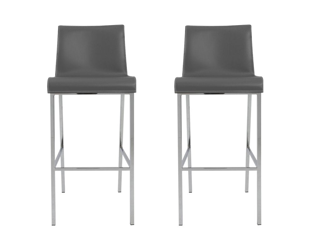 Set of Two 31" Gray And Silver Genuine Leather And Steel Low Back Bar Height Bar Chairs HomeRoots