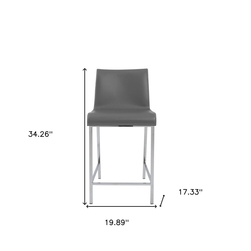 Set of Two 24" Gray And Silver Genuine Leather And Steel Low Back Counter Height Bar Chairs HomeRoots
