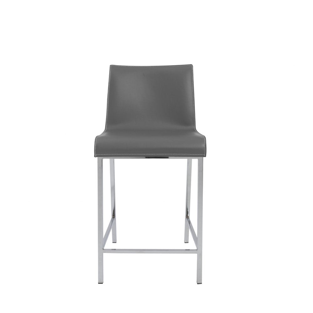 Set of Two 24" Gray And Silver Genuine Leather And Steel Low Back Counter Height Bar Chairs HomeRoots