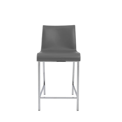Set of Two 24" Gray And Silver Genuine Leather And Steel Low Back Counter Height Bar Chairs HomeRoots