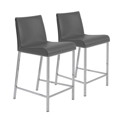 Set of Two 24" Gray And Silver Genuine Leather And Steel Low Back Counter Height Bar Chairs HomeRoots