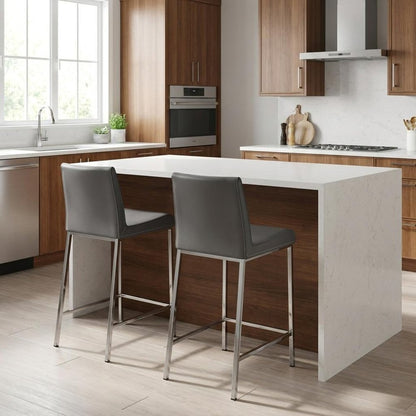 Set of Two 24" Gray And Silver Genuine Leather And Steel Low Back Counter Height Bar Chairs HomeRoots