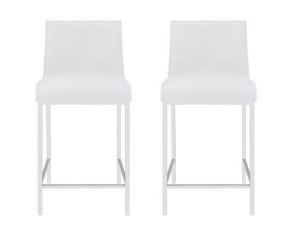 Set of Two 24" White And Silver Genuine Leather And Steel Low Back Counter Height Bar Chairs HomeRoots