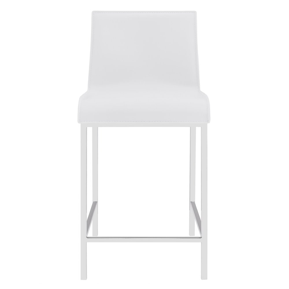 Set of Two 24" White And Silver Genuine Leather And Steel Low Back Counter Height Bar Chairs HomeRoots