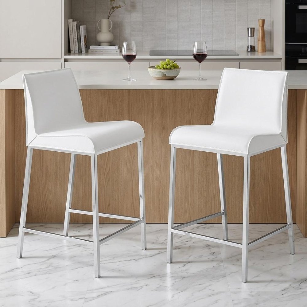 Set of Two 24" White And Silver Steel Low Back Counter Height Bar Chairs HomeRoots